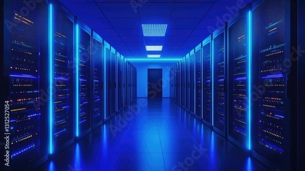 Obraz A futuristic data center with blue-lit server racks, symbolizing cloud computing, cybersecurity, and digital infrastructure. Ideal for IT, networking, and data storage solutions