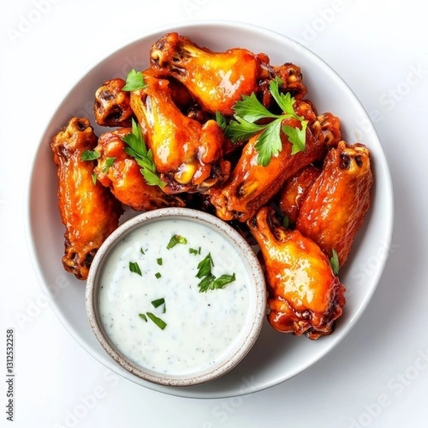 Fototapeta buffalo wings with ranch dressing, overhead view, appetizing, isolated on white background