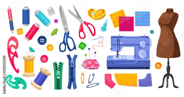 Obraz Creative sewing tools and craft supplies layout for fashion design and DIY projects. Cartoon vector illustration fashion elements icon set: sewing machine, scissors, buttons, and colorful threads