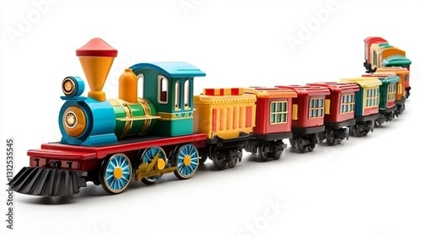 Fototapeta A children's amusement park train, featuring small wagons and isolated on a white background.