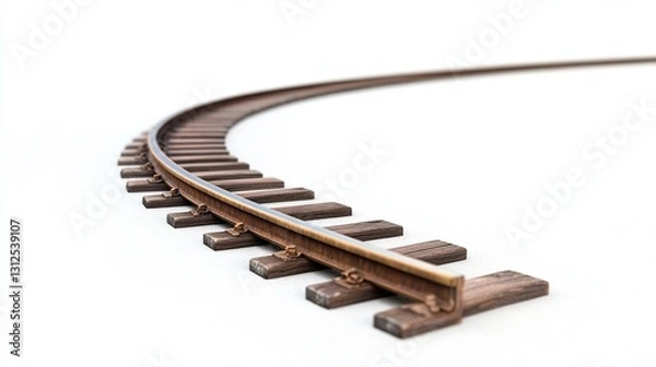 Fototapeta A single curved railroad track, isolated against a white background