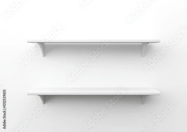 Obraz 3D render of two empty white shelves with rounded corners on a pure white background, front view