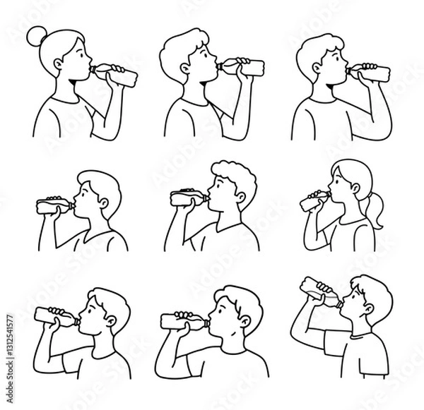 Fototapeta A stylish icon set with simple lines featuring individuals drinking water.