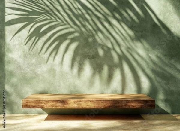 Fototapeta 3D rendering of a minimal background with an empty wooden podium and a green wall with a palm leaf shadow