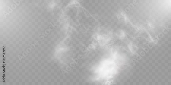 Fototapeta Realistic white smoke on transparent background with soft swirling effect, misty fog, airy vapor, atmospheric haze, drifting smog, subtle steam, floating cloud, delicate fumes.
