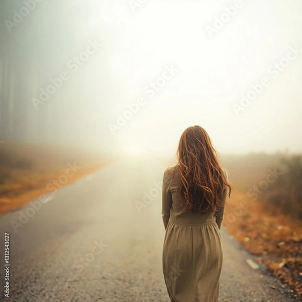 Obraz Woman walking on misty road. AI image