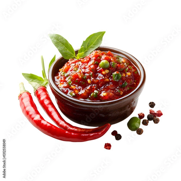 Obraz Bowl of Chili Sauce with Peppers and Basil Isolated on Transparent Background
