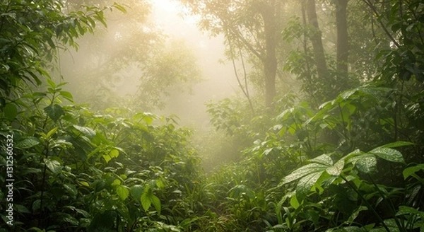 Fototapeta Walking Through Foggy Forest Path with Green Foliage and Trees