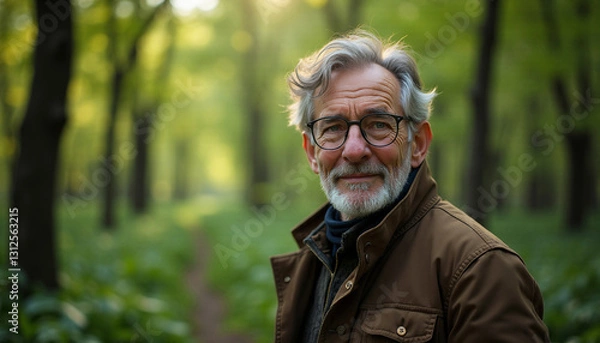 Obraz Smiling man in peaceful forest. AI image