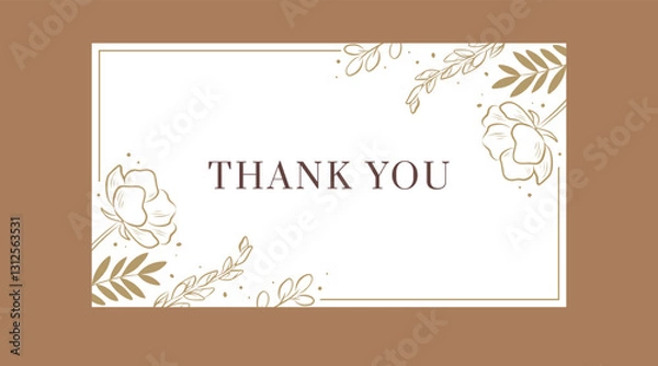 Obraz Thank you card template with golden floral decoration on corner sides. Vector vintage design for print, social media, web banner. Elegant background with hand drawn outline flowers and leaves. 