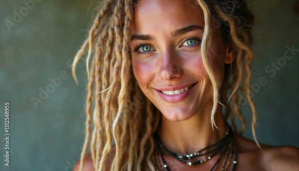 Obraz The portrait of the smiling hippie girl. AI image