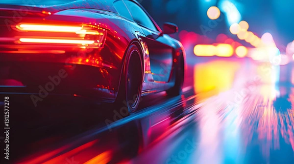 Fototapeta Red Sports Car Driving Through Neon City at Night