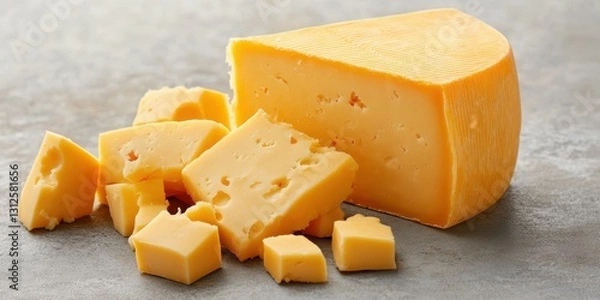 Fototapeta Delicious cheddar cheese with cubes on a rustic tabletop ready to enhance any dish