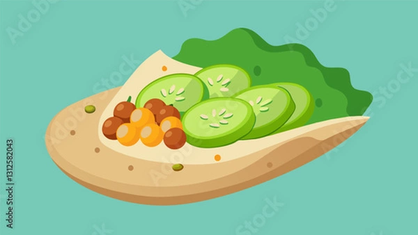 Fototapeta Wholegrain pita bread with hummus cucumber slices and roasted chickpeas for a satisfying and nutrientrich snack.. Vector illustration