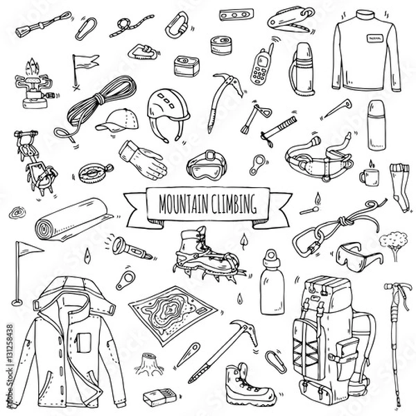 Obraz Ręcznie rysowane doodle zestaw ikon wspinaczka górska. Ilustracji wektorowych. Kolekcja sprzętu alpinistycznego. Elementy szkicu kreskówki do trekkingu, pieszych wędrówek, turystyki, wyprawy, kempingu, rekreacji na świeżym powietrzu.
