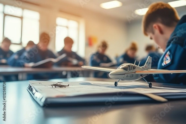 Fototapeta Aviation students in uniform study in a classroom with model airplanes placed on desks, symbolizing their passion for flight and aeronautical education