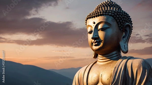 Fototapeta statue of buddha in the sunset, ai generated
