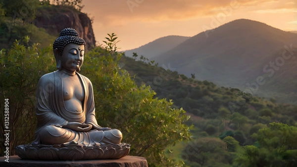 Fototapeta statue of buddha in the sunset, ai generated