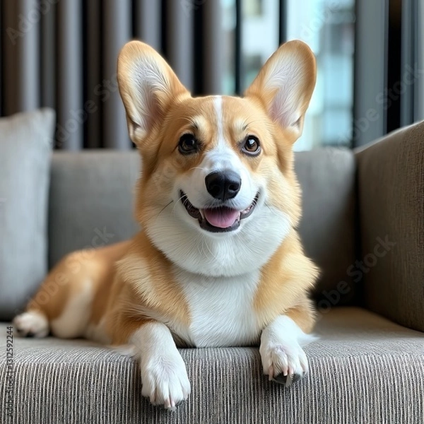 Fototapeta Happy Corgi Relaxing on Sofa.