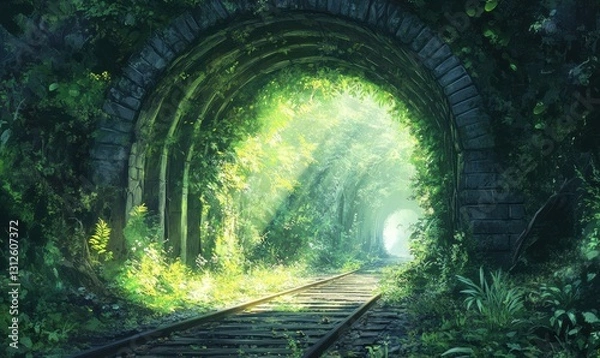 Fototapeta Overgrown railway tunnel with lush greenery and sunlight.