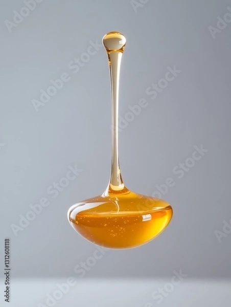 Fototapeta Golden Honey Drop - A single drop of golden honey hangs suspended in mid-air, showcasing its viscous texture and rich color