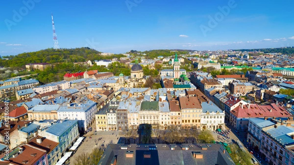 Fototapeta Aerial view of historic city center of Lviv, architectural heritage and vibrant mix of old and new buildings. Lviv is one of main cultural centres and largest city in western Ukraine