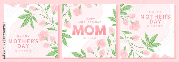 Fototapeta Mother's Day cards set. Spring summer floral design in pastel colors. Vector illustration for banner, poster, label, template, sale.