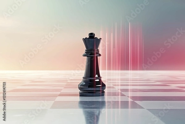 Fototapeta Sleek, black chess piece rests on stark white board, embodying strategy and vision within a refined, minimalist aesthetic.