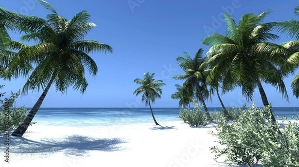 Fototapeta Tropical beach scene with palm trees, ocean view, sunny day.  Possible use travel brochure, vacation ad