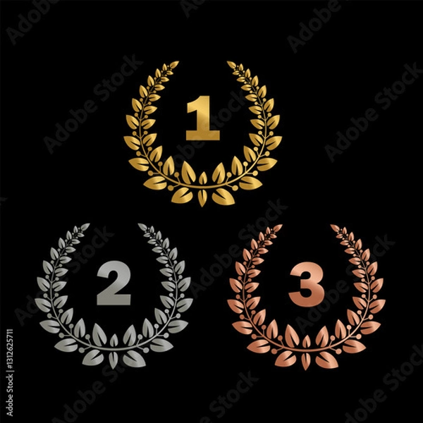Fototapeta Set of three laurel wreath awards with place numbers 1 gold 2 silver and 3 bronze. For the medal element, award certificate and certificate, winner and champion award