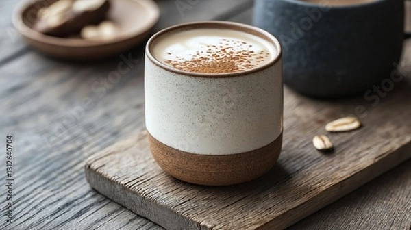 Fototapeta Close-up of a cup of coffee on a wooden table. the cup is white with a brown rim and has a speckled texture. the coffee is topped with a generous amount of frothy foam and sprinkled with cocoa powder.