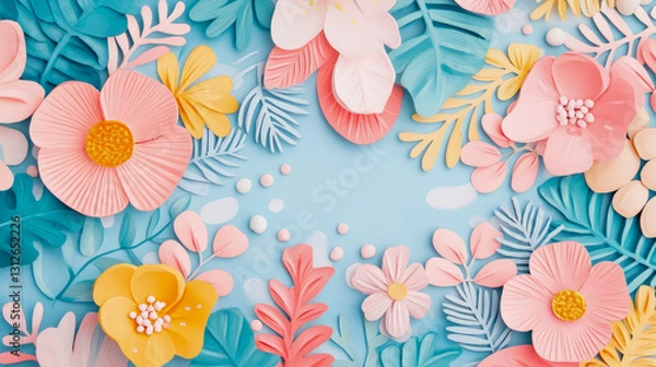 Fototapeta Spring floral arrangement, greeting print for spring holiday with pink, yellow, blue paper flowers and leaves on a light blue surface