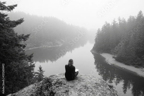 Fototapeta Woman sits on a rock overlooking a foggy lake surrounded by coniferous trees, enjoying serene nature.