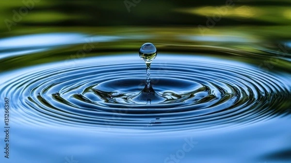 Fototapeta Water droplet creating ripples in a pond with blurry green background
