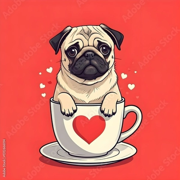 Fototapeta Digital matte picture with a small pug dog sitting in a cup with hearts. Valentine Day theme. The picture is drawn in a pop art style.