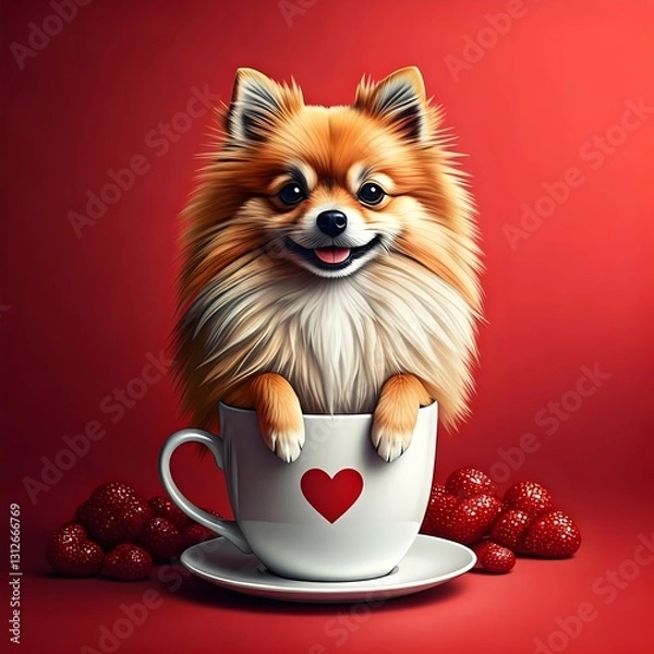 Fototapeta Digital matte picture with a small Spitz dog sitting in a cup with hearts. Valentine's Day theme The picture is drawn in a pop art style.