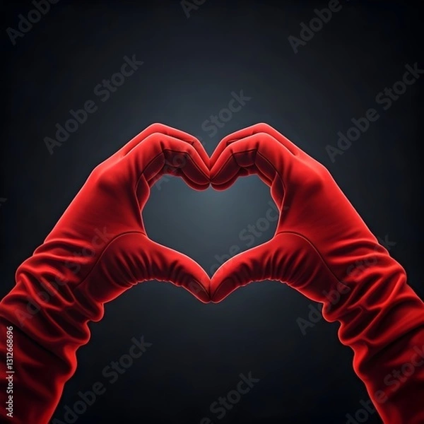 Fototapeta Digital matte painting with hands in red gloves forming a heart shape.