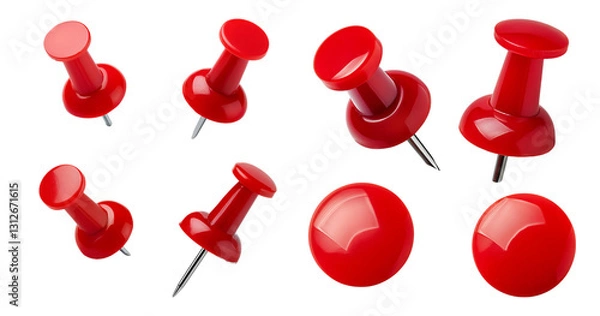 Obraz Assorted Red Push Pins in Various Sizes on White Background, isolated on transparent background
