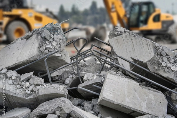 Fototapeta Construction site debris with exposed rebar from demolished concrete structures in a busy urban area