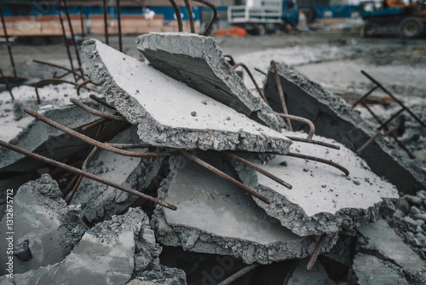 Fototapeta Construction site features a pile of concrete slabs and rebar at an urban development project during the daytime