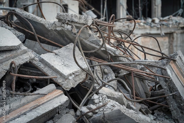 Fototapeta Concrete debris and bent rebar piles at a demolished construction site in an urban environment