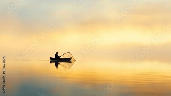 Obraz A fisherman casting a net into the water at sunrise, golden light reflecting, cinematic and serene