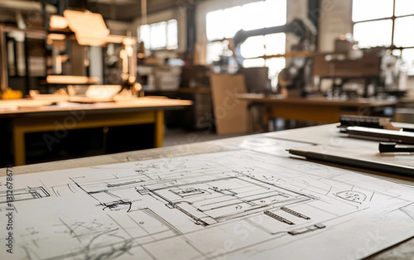 Fototapeta Architectural designs in a woodworking factory, industrial workshop with wood-based materials and machinery, precision furniture production and design process