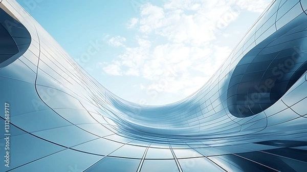 Fototapeta Curved Glass Facade of Modern Building, A low-angle view of a modern glass building with a curved facade reflecting the sky