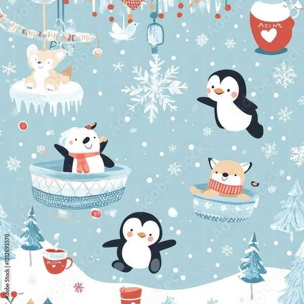 Fototapeta Whimsical Winter Wonderland: A charming illustration brimming with playful penguins, cuddly foxes, and joyful polar bears, all amidst a delightful snowy backdrop.