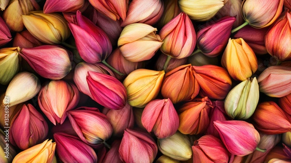 Fototapeta Vibrant multicolored tulip buds in close-up view of stunning floral arrangement
