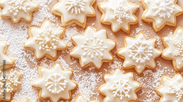 Fototapeta Star-shaped iced cookies with snowflake designs and powdered sugar dusting