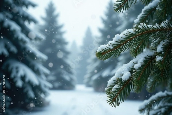 Fototapeta Snowflakes gently fall from the sky onto the needles of the Scots pine trees, snowfall,