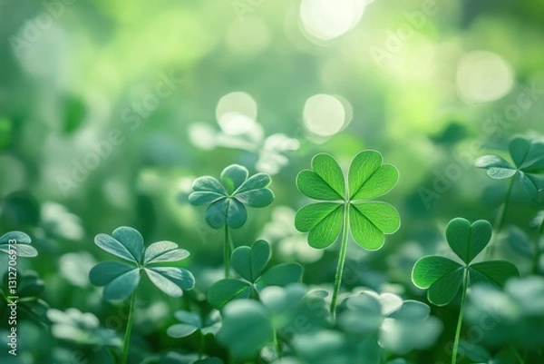 Fototapeta A close-up of green shamrocks, symbolizing good fortune and St. Patrick's Day celebration The background is blurred to emphasize the clovers soft lighting creating an ethereal atmosphere Generative AI
