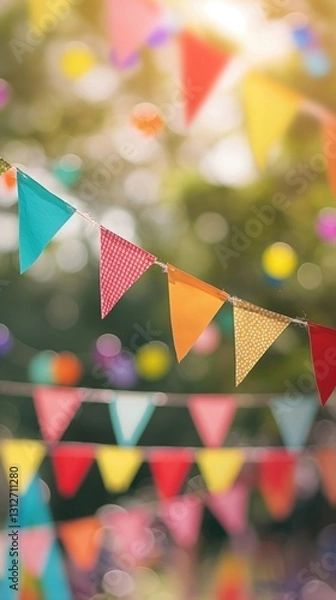 Obraz colorful festival bunting with triangular flags in bright sunshine among vibrant bokeh background copyspace concept of party planning, events, marketing